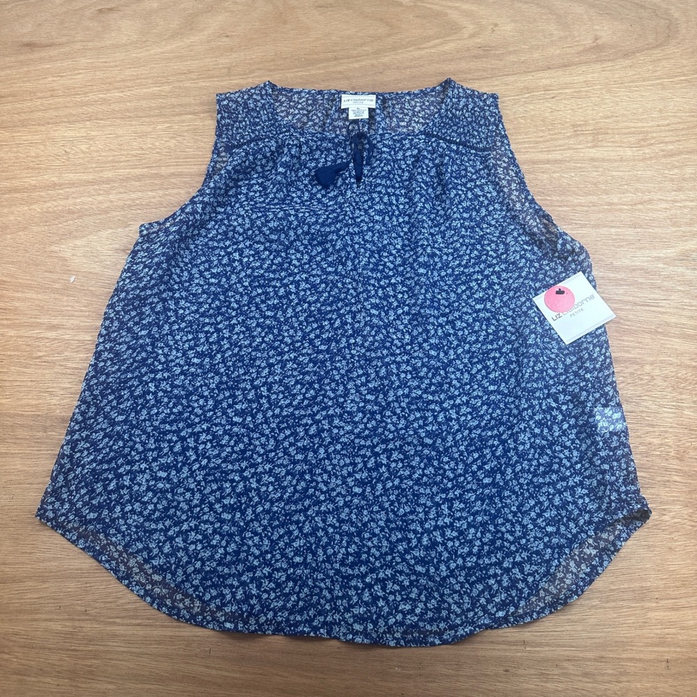 Liz Claiborne Petite‎ Large Sheer Floral Sleeveless Blouse Navy Blue NWT
